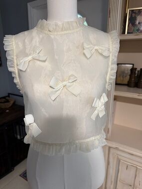 MARBLE Ivory Sheer Ruffle Neck Crop Top